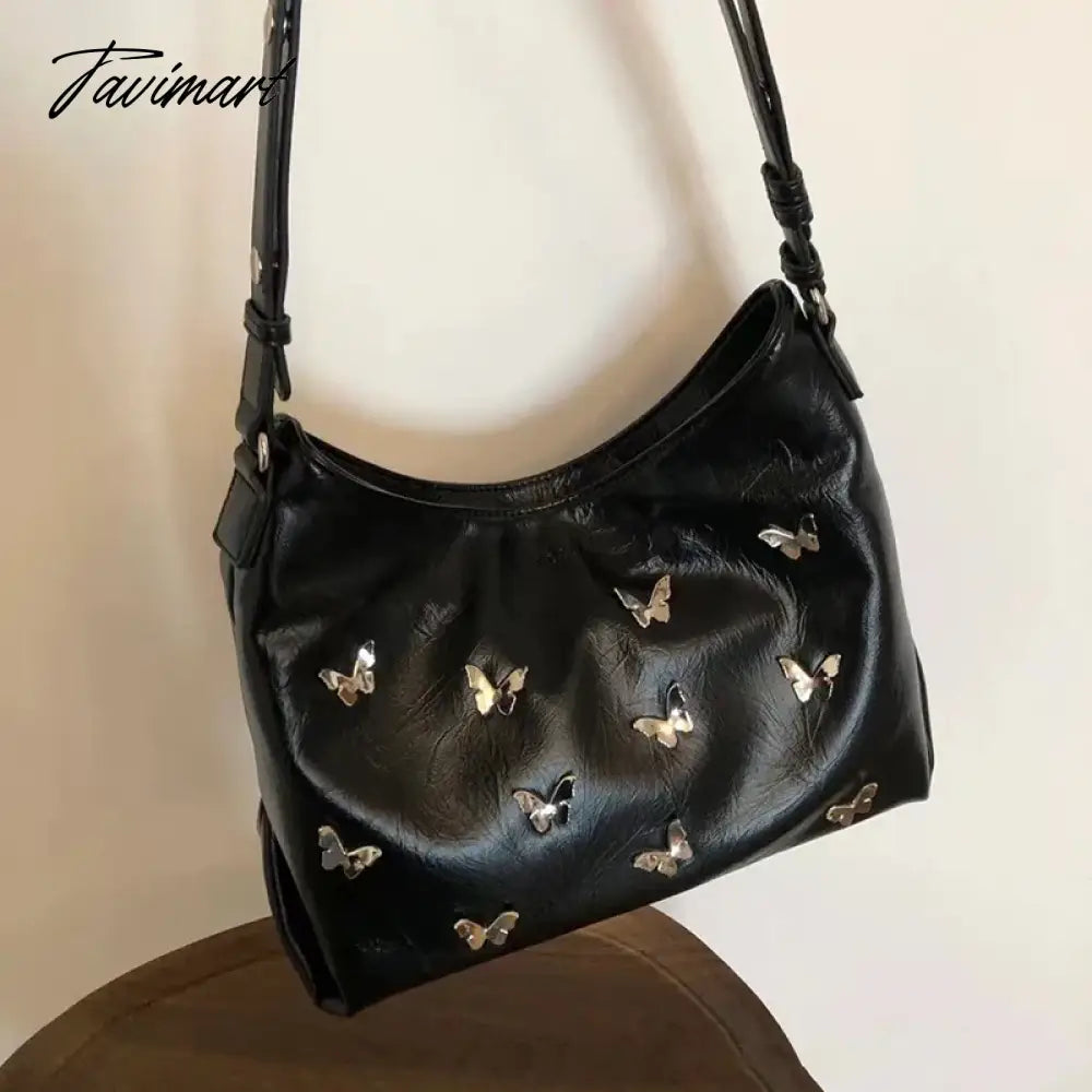 Hot Girls Cool Underarm Motorcycle Bags for Women Metal Butterfly Decoration Soft PU Leather Ladies Hand Bags
