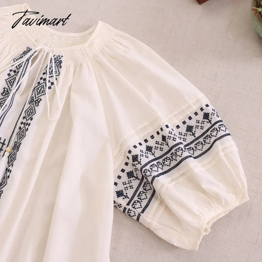 Japan Style Mori Girl O-Neck Embroidery Half Sleeve Shirt Loose Cotton Blouse Women