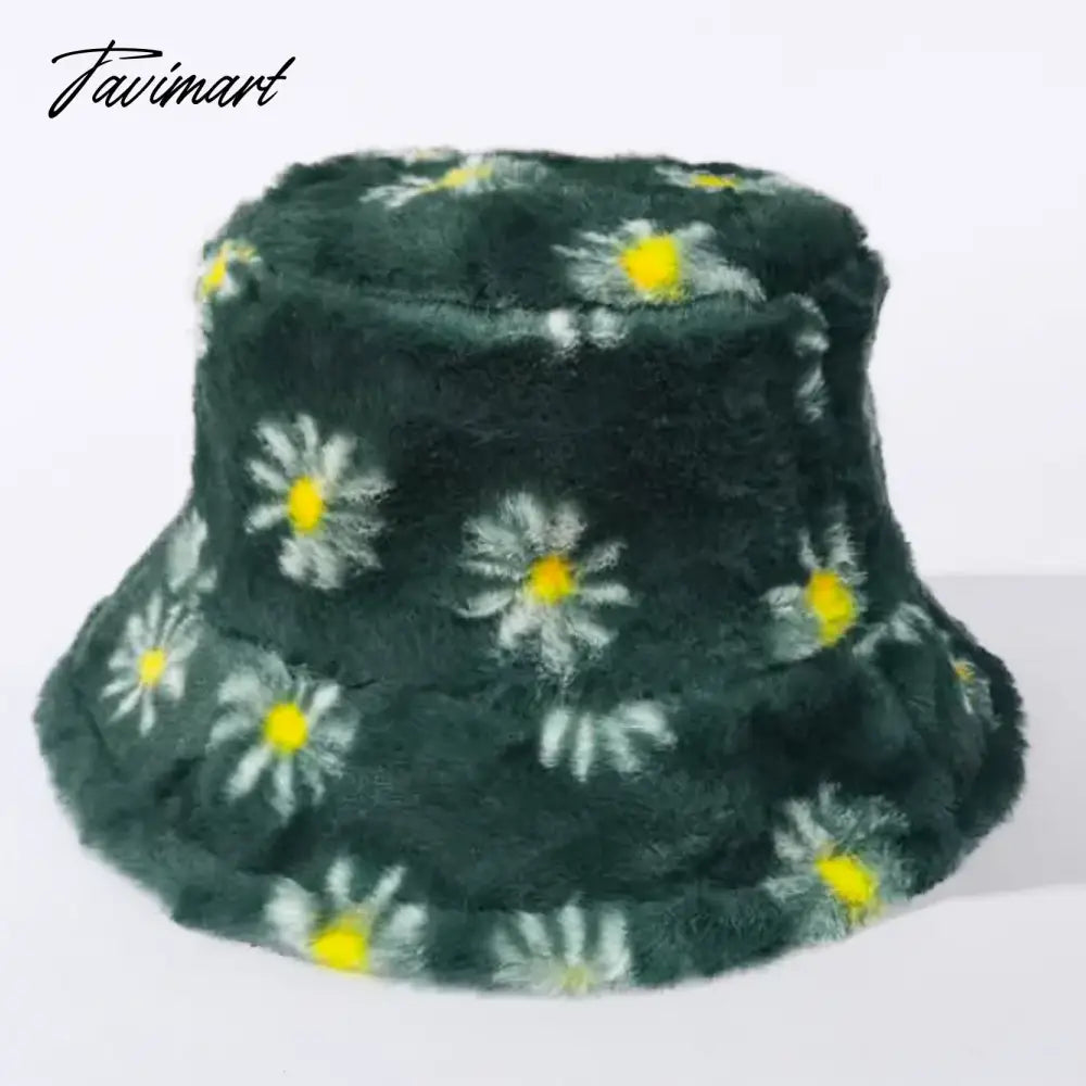 Japanes New Winter Daisy Faux Fur Bucket Hat For Women Thick Warm Hat Lady Outdoor Travel Panama Girls Soft Velvet Fisherman Hat