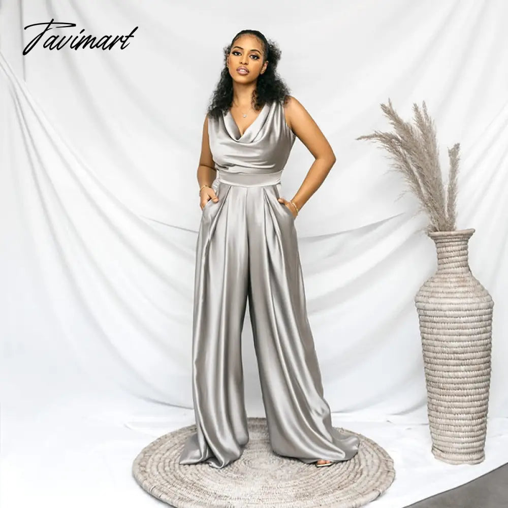 Jumpsuit Women Elegance Ruched Neck Backless Lace Up One Piece Outfits with Pocket Summer Wide Leg Full Length Pants Rompers