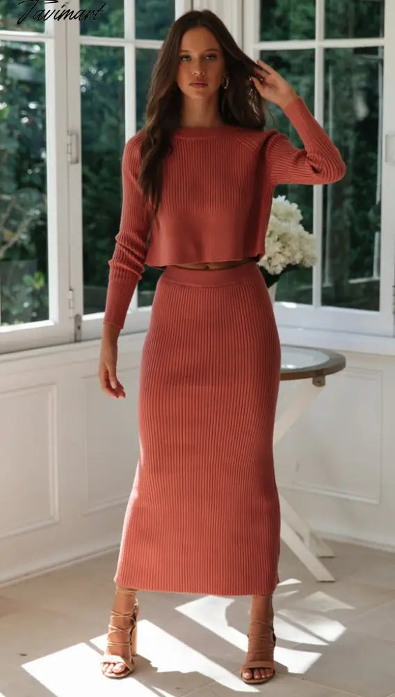 Knitted 2 Pieces Set Women Pullovers Sweater Crop Tops & Knitted Skirts Bodycon Office Lady Skirts Suits Winter Clothes