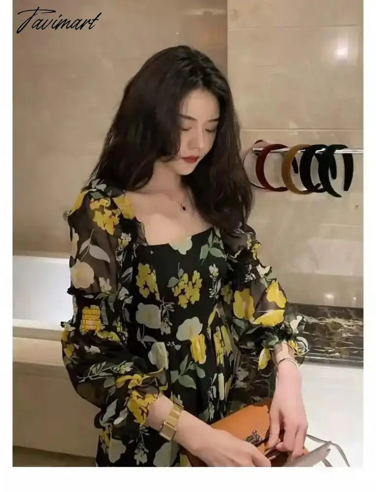 Korea One Piece Dress Fairy Floral Midi Dress Women Puff Sleeve Elegant Vintage Dress Female Party Dress Office Lady Summer