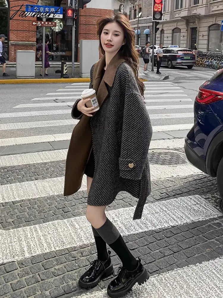 Korean Fashion Contrast Collar Lapel Woolen Coats for Women Autumn Winter New High-end Thicken Warm Wool Jackets Female Clothing