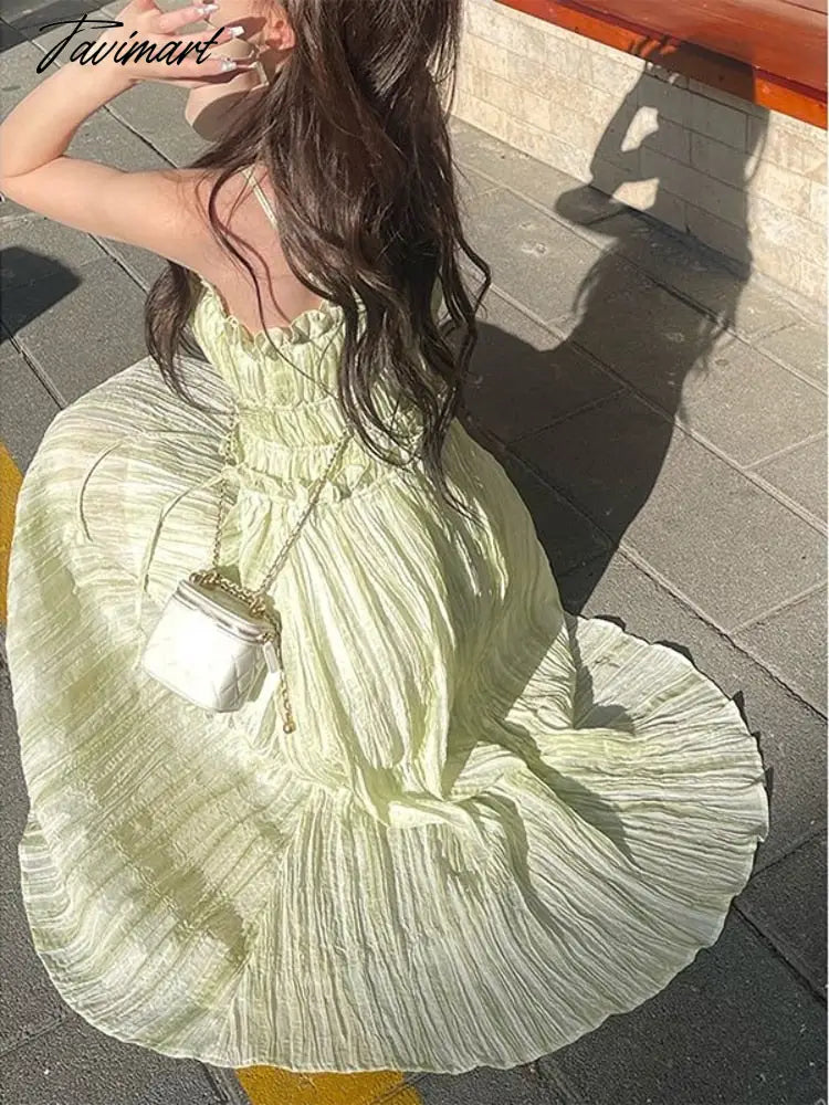 Korean Fashion Green Cute Strap Dress Women Sweet Elegant Party Midi Dress Female Chiffon France Boho Beach Dress Summer