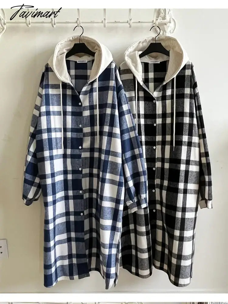 Korean Long Jacket Autumn Winter Checker Hooded Loose Button Long Shirt Women Casual Long Coat