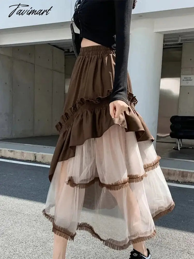 Korean Mesh Skirts Women Fashion Ruffle Panels A-line Skirts Summer Casual Irregular Patchwork Skirts Lady Elegant Loose Skirts