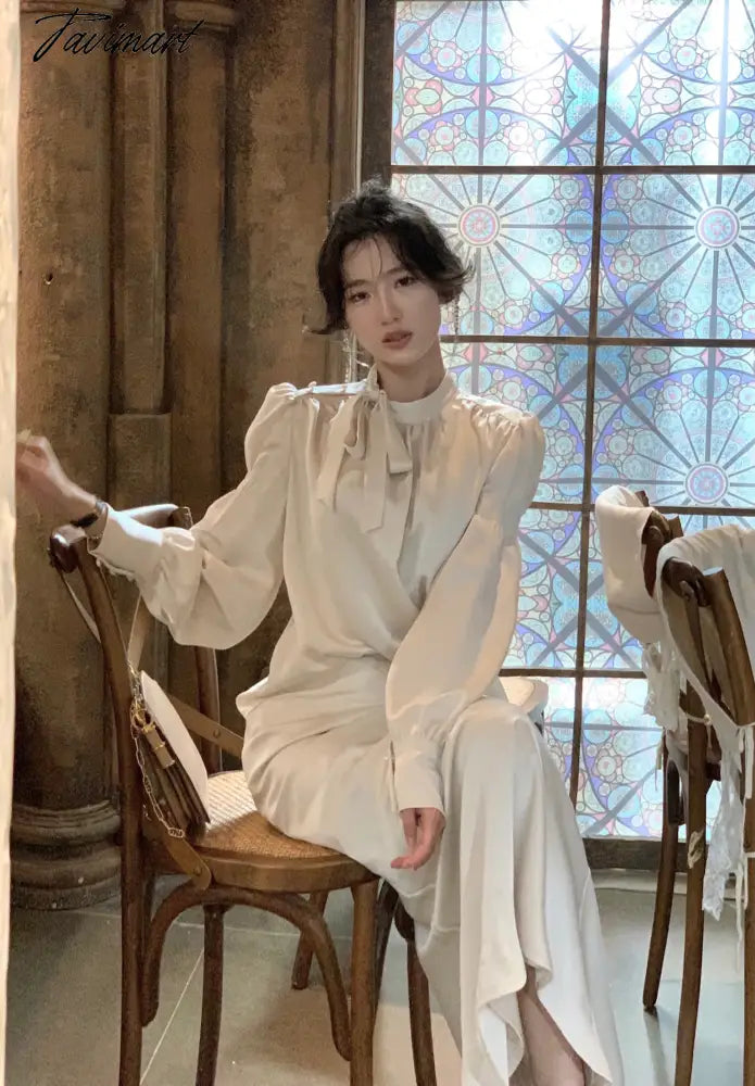 Korean Satin Long Sleeve Bow Top Skirts 2 Piece Set for Women New Autumn Fashion Elegant Evening Party Female Clothes Suits