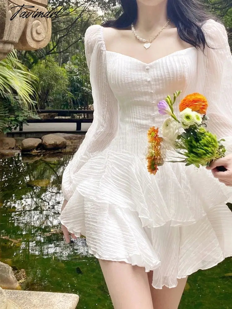 Korean Style Sweet Party Mini Dress Women Green Chiffon France Elegant Dress Female Bubble Sleeve White Casual Fairy Dress