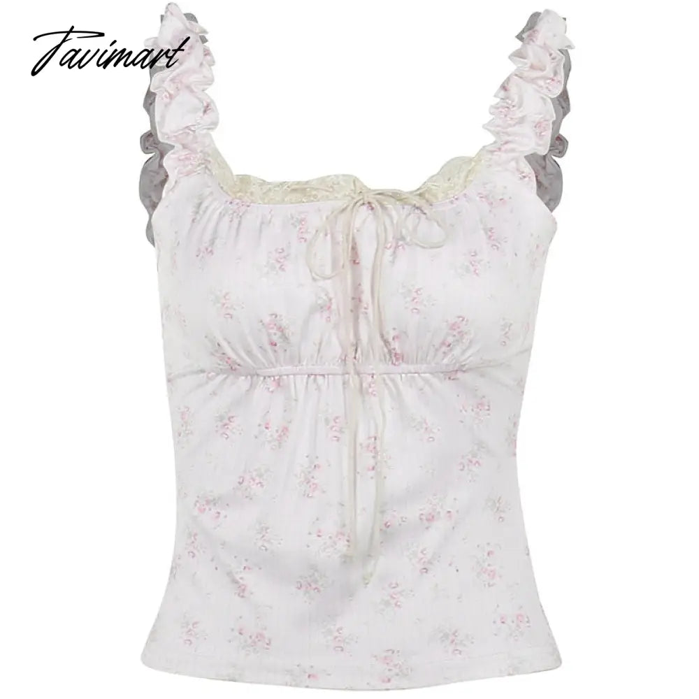 Lace Neckline Blouse Tank Tops Cute Lace Trim Tie Up Milkmaid Tees Ruched Sleeveless Y2K Fairy Vintage Crop Vest