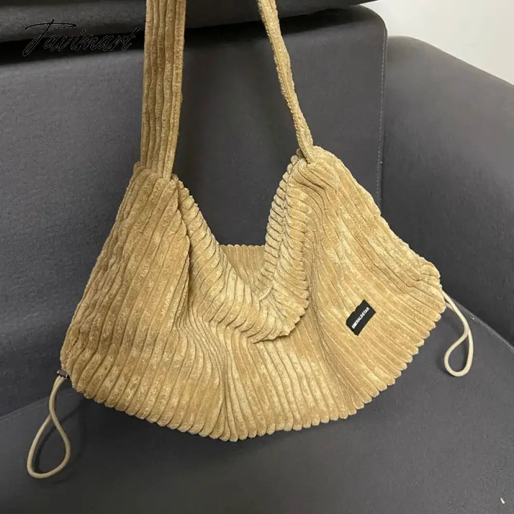 Large Women Reusable Corduroy Shoulder Handbags Drawcord Shopping Bags Underarm Tote Bag With Zipper