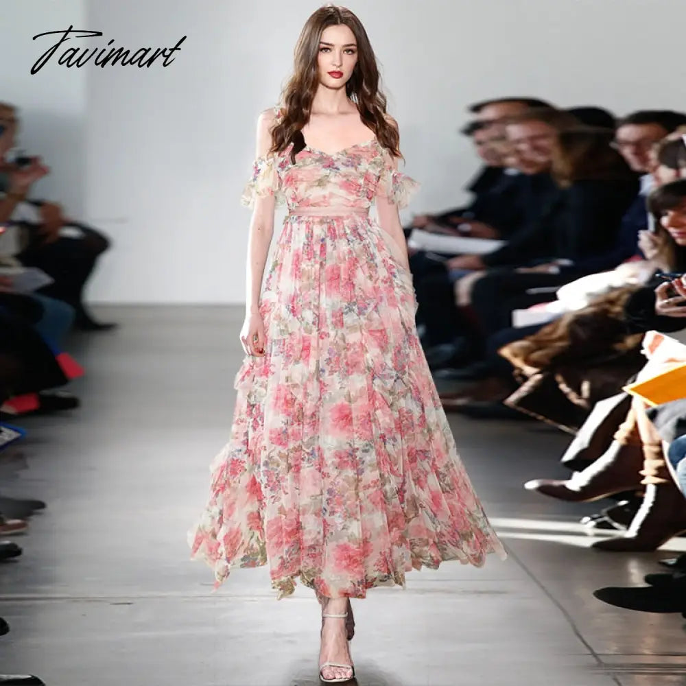 Long Dress Runway High Quality Summer New Women'S Bohemian Sexy Fashion Elegant Flowers Print Off Shoulder Party Mesh Dresses