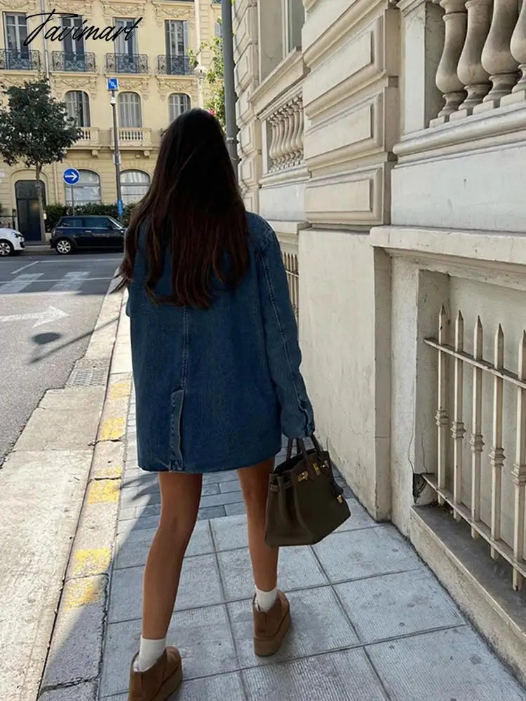 Loose Lapel Denim Jacket Women Casual V-Neck Washed Worn Medium Length Coat New Autumn Office Lady Pocket Outerwear