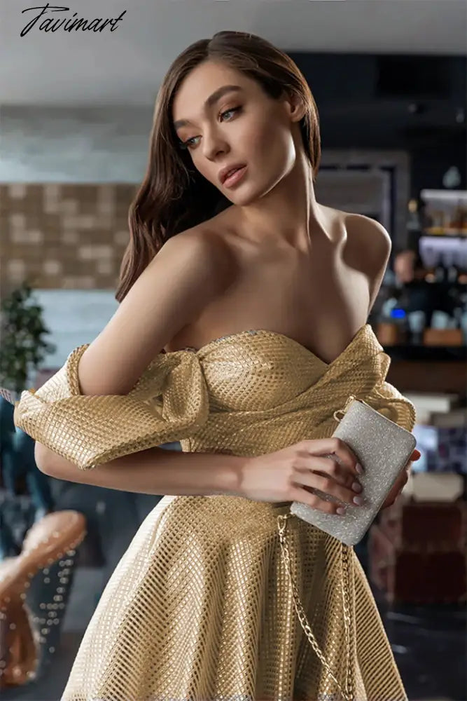 Luxury Elegant A-line Gold Glitter Prom Dress Formal Evening Gown Dubai Shiny Special Occasion Gown Party Dress