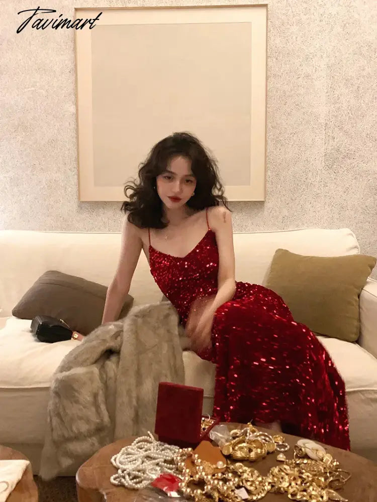 Maxi Long Sequin Dress Sexy Red Glitter Bodycon Wedding Guest Birthday Party Dresses Elegant Occasion Dress for Women