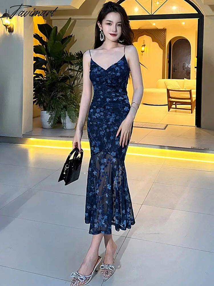 Mesh Women Evening Dress Retro Sheer Floral Strap Backless Bandage Slim Midi Party Club Beach Robe Femme Mujer Vestidos Summer