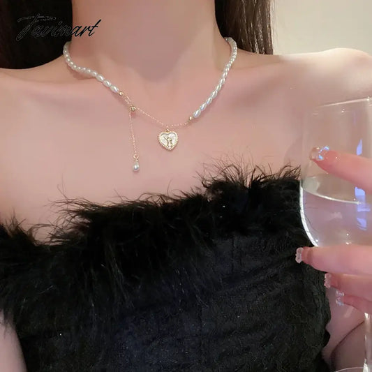 Minar Cute Lovely White Shell Heart Rabbit Coin Pendant Necklaces Gold Color Chain Simulated Pearl Beaded Choker Necklace Women