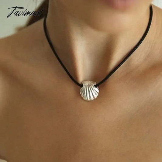 Minar Simple Silver Color Metal Heart Shell Pendant Necklaces Brown Black PU Leather Rope Chain Choker Necklace for Women Ladies