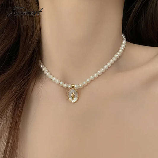 Minar Textured 100% Real Freshwater Pearl Choker Necklaces for Women White Color Shell Tulip Coin Pendant Necklace Daily Jewelry