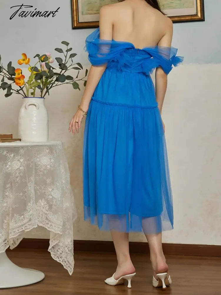 New Design Off Shoulder Sexy Evening Dresses for Women Blue Tulle Luxury Princess Wedding Party Ball Prom Gown Tube Top