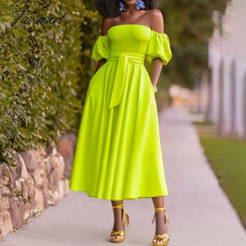New European And American Women's Summer One Shoulder Solid Color Elegant Bubble Sleeve Strapless Belt Big Pendulum Dress