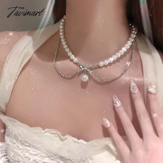 New Fashion Zircon Bowknot Pearl Necklace for Women Shiny Rhinestone Double Layer Chain Necklace Wedding Party Jewelry Gift