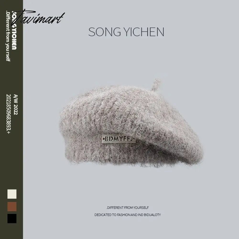 New Japanese Fluffy Mohair Knitted Berets Women's Autumn Winter Fashion Elegant Metal Labeling Plush Art Painter Hat Warm Hat