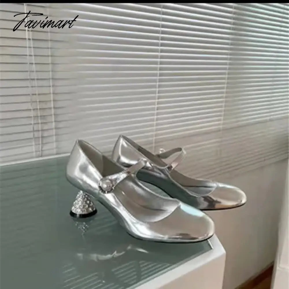 New retro Mary Jane shoes rhinestone round toe French high heels women's bridesmaid shoes wine glass heel women's shoes