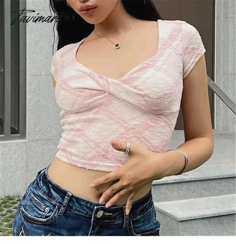 New Women Pink Print Crop Tops Summer Short Sleeve Casual Short T-shirts Fashion Korean Y2k Sheath Tops