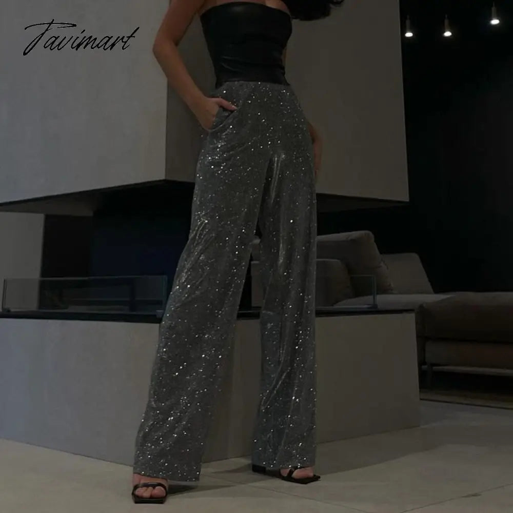 New Women's Fashion Sparkly Pants Evening Club Luxury Straight Leg Trousers Partywear High waist Sequined Glitter Pants