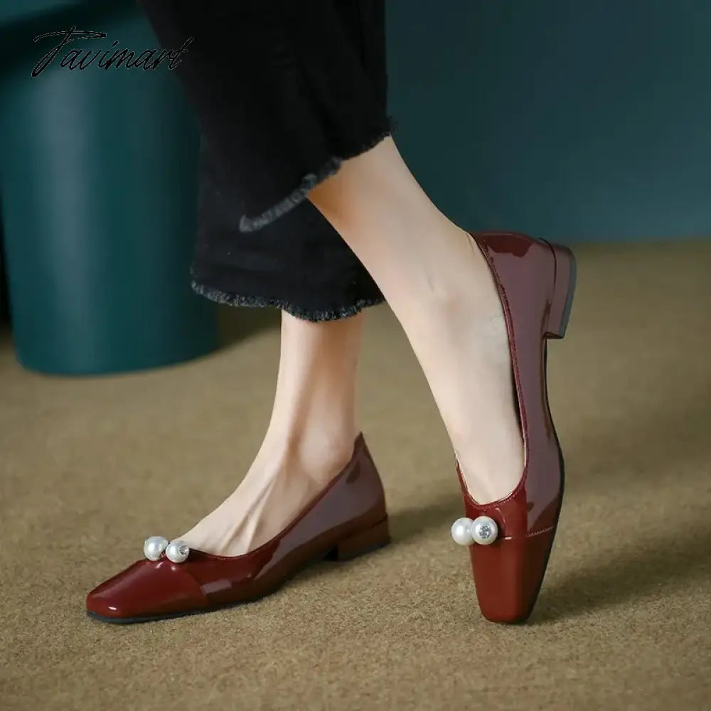 New Women's Flats Patent Leather Boat Shoes Square Toe Two Pearls Dress Shoes Low Heels Black Office Shallow Zapatos Mujer 1331N