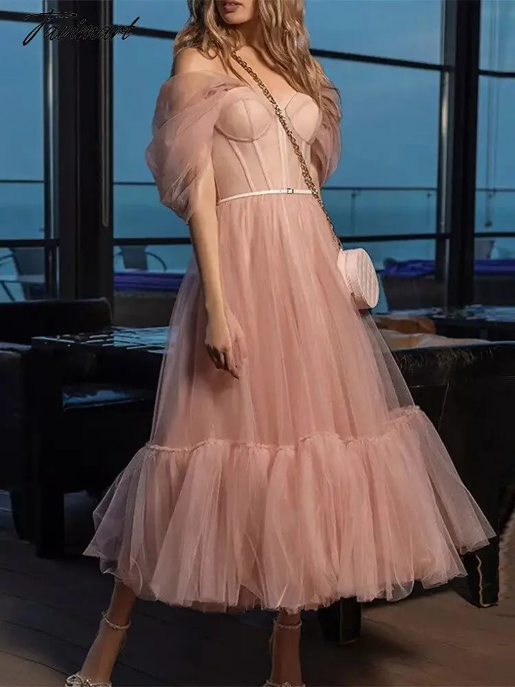 Pink Chiffon A-line Dress Women Off Shoulder Strapless Evening Dresses Ladies Raglan Sleeve Sweetheart Party Club Dresses