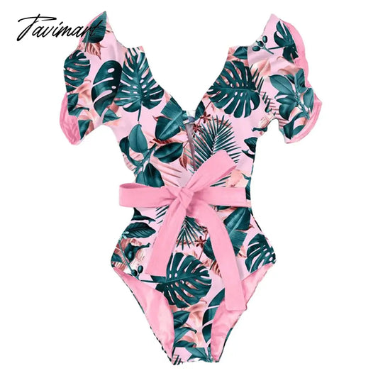 Pink Fashion Print Ruffle One-Piece Swimsuit Set Women's Summer Swiming Suit Luxury Shorts Bourkini Separate Bandeau