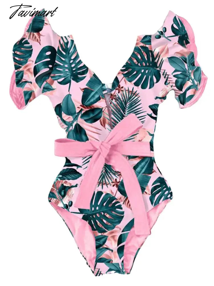 Pink Fashion Print Ruffle One-Piece Swimsuit Set Women's Summer Swiming Suit Luxury Shorts Bourkini Separate Bandeau