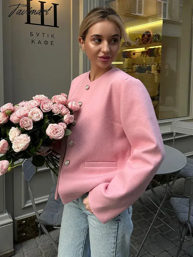 Pink O Neck Wool Blends Short Bomber Jacket Casual Vintage Double Pockets Overcoat Female's Long Sleeve Christmas Jackets