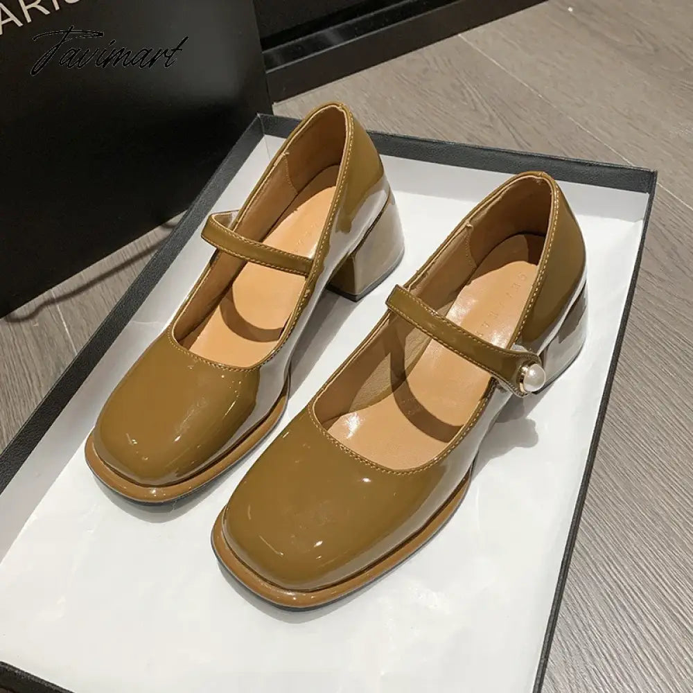 Plus Size Women's Mary Jane Shoes Patent Leather Pumps Mid Heels Dress Shoes Pearl Buckle Strap Wedding Shoes Basic Spring 1270N
