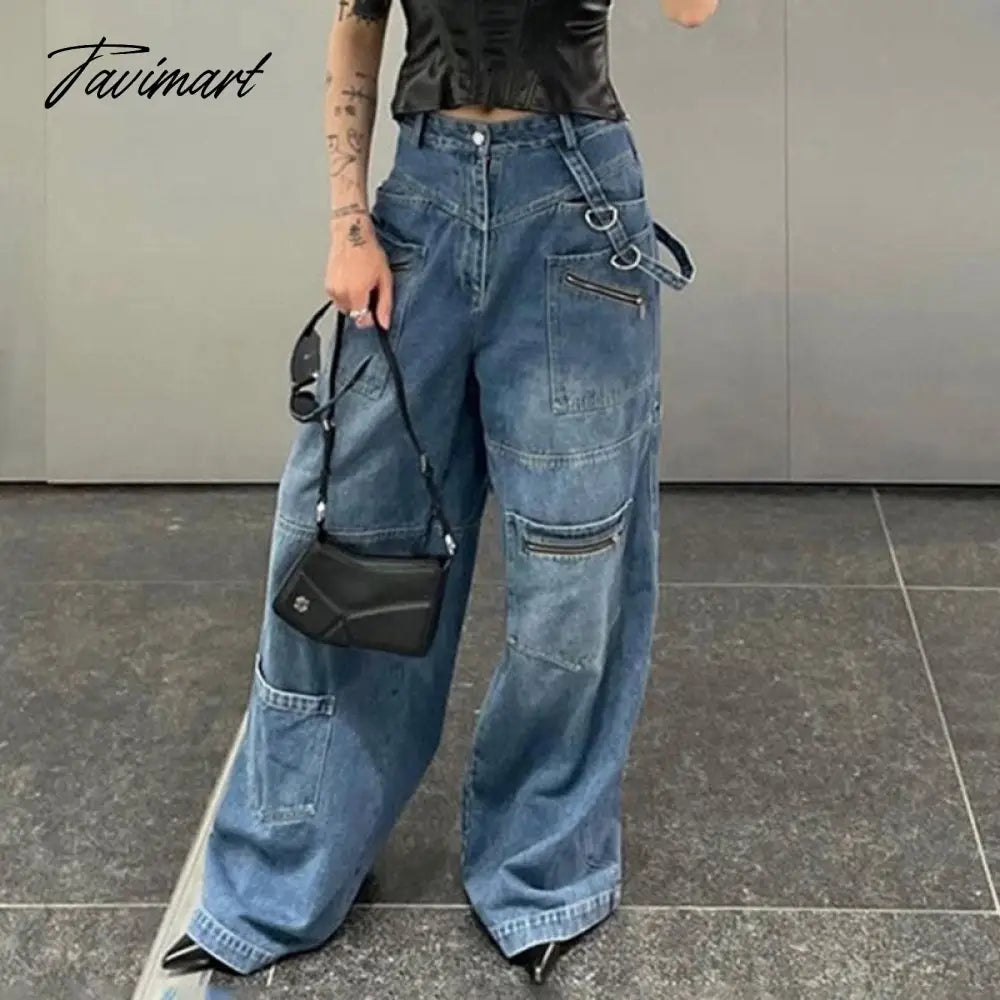 Pockets Patchwork Baggy Jeans Fashion Streetwear Women Denim Trouser Loose Cargo Pants Korean Style