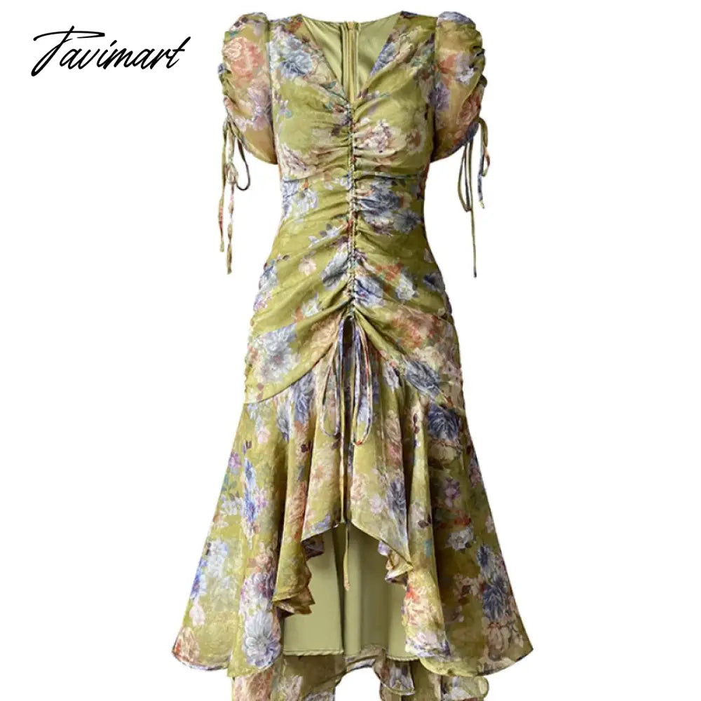 Print France Vintage Fishtail Dress Female Green Chiffon Elegant Evening Party Midi Dress Floral V-neck Retro Dress Summer