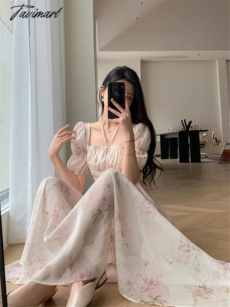 Printed Midi Dress for Women New Fashion Square Collar Floral Puff Sleeve Slim A-line Korean Dresses Summer Female Clothes