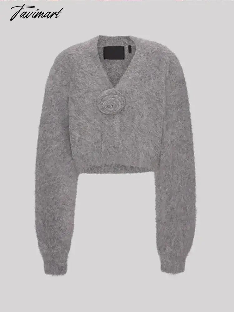 Purple Solid V Neck 3d Flower Knit Cardigan Fo Women Chic Casual Long Sleeve Cropped Jumper Sweater 2024 Spring Street Knitwear
