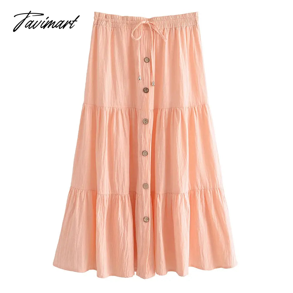 Queens Fashion Women Cotton Beach Bohemian Pleated Skirt High Elastic Waist Button A-Line Boho Maxi Skirts Femme