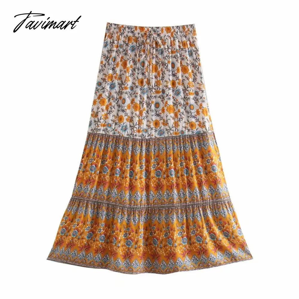 Queens Women Green Floral Print Ethnic Beach Bohemian Skirt Ladies High Elastic Waist Rayon Cotton Boho Maxi Skirts