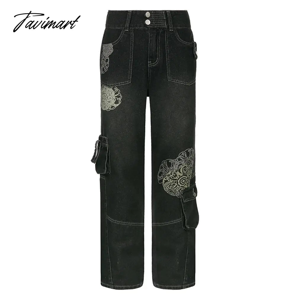 Retro Graphic Print Y2K Baggy Jeans Grunge High Waist Cargo Denim Trousers Streetwear Casual Sweatpants Pantalon Pour Femme