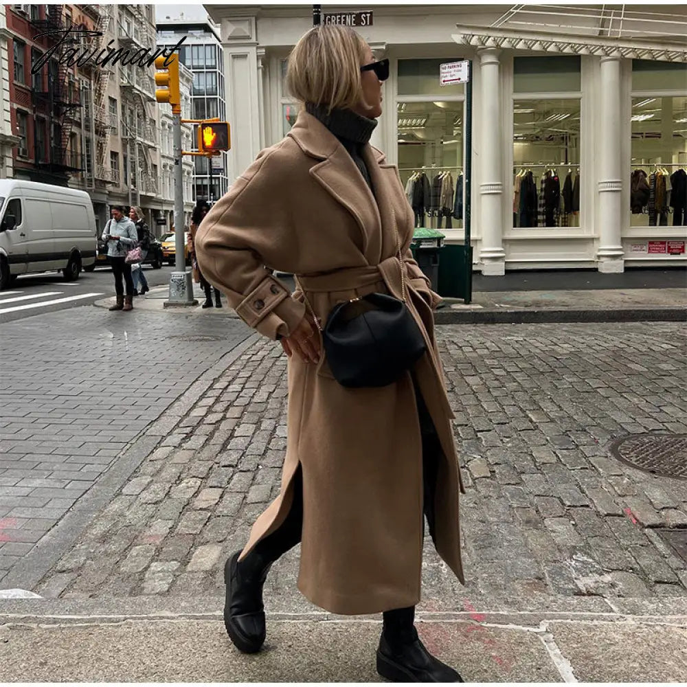 Retro Lapel With Belt Overcoat Women Elegant Long Sleeve Pocket Jacket Spring And Autumn Ladies Casual Warm Long Coat
