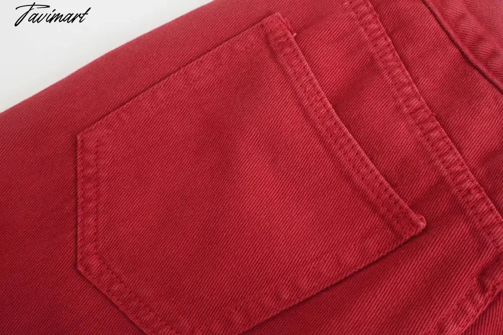 Retro Mom High Waist Jeans England Style Fashion Jeans Woman Red Color Simple Burrs Straight Wide Leg Jeans For Women