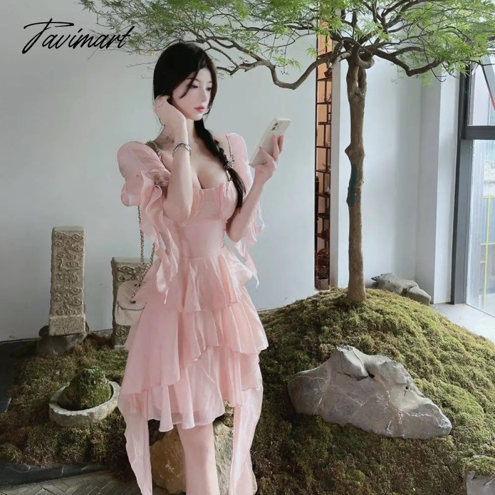 Ruffled Puff Sleeve Dress Solid Square Collar Women's Summer Dress Chic High Waist Sweet Pink Cake Short Fairy Dress Vestidos