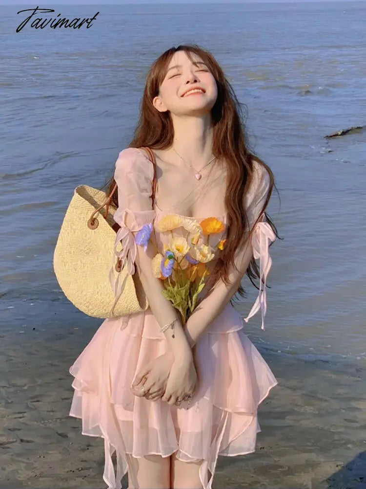 Ruffled Puff Sleeve Dress Solid Square Collar Women's Summer Dress Chic High Waist Sweet Pink Cake Short Fairy Dress Vestidos
