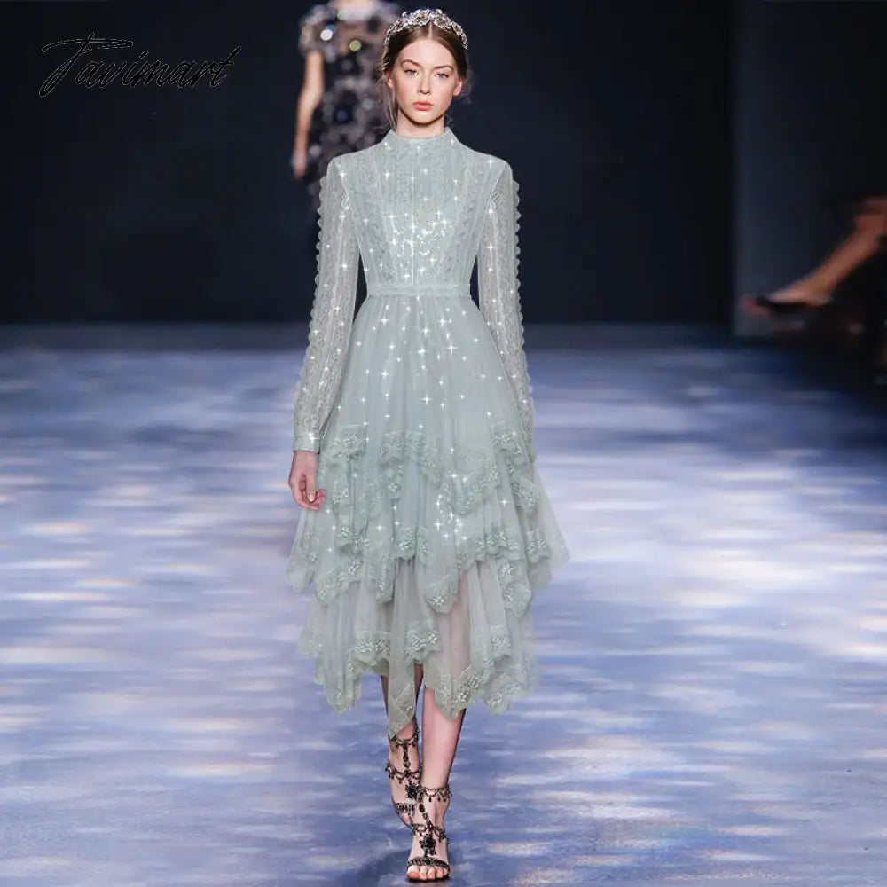 Runway Designer High Quality Autumn New Women'S Party Casual Elegant Long Sleeve Layered Mesh Lace Sequin Fashion Midi Dress