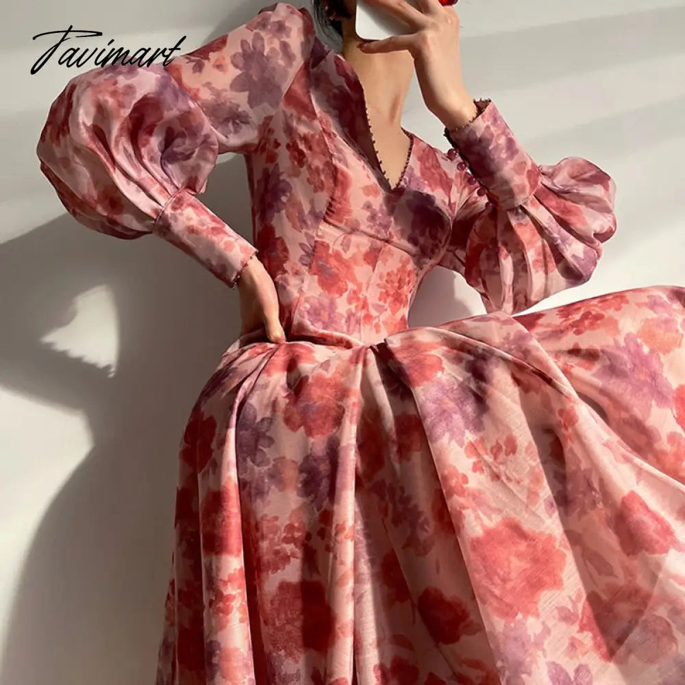 Runway Designers Elegant Pink Floral Printed Dresses for Women Vintage V-neck Lantern Sleeve Midi Summer Dress Female