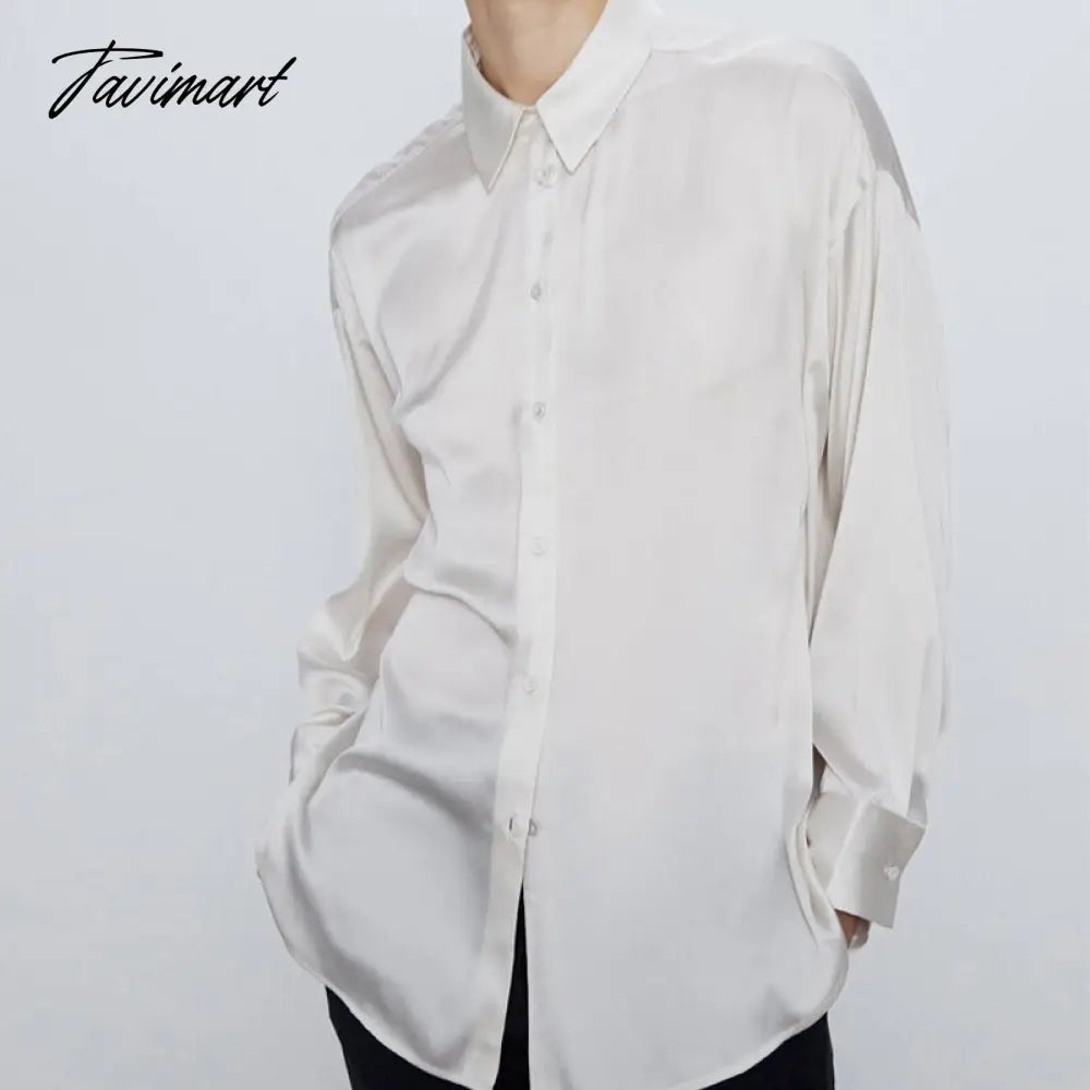 Satin Shirt For Women Turn down Collar Long Sleeves Office Lady Shirt and Blouse High Street Fashion Oversized Loose Tops