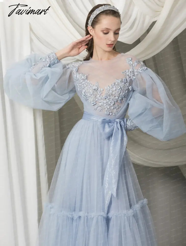 See Through O-neck Prom Dress Long Sleeve Lace Dress A-line Tea Length Blue Tulle Dress With Bow Applique Evening Dresses